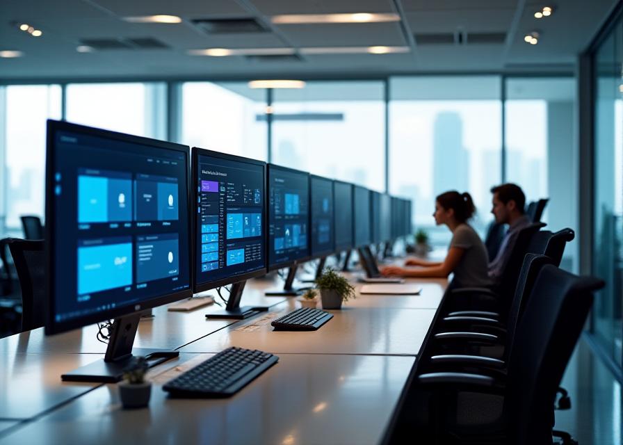 Modern corporate workspace showing cloud collaboration tools